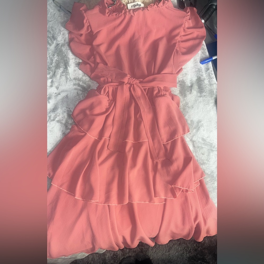 Coral Ruffle Dress with Tie Waist